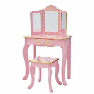 Teamson Fantasy Fields - Růžový toaletní stolek se zlatými puntíky